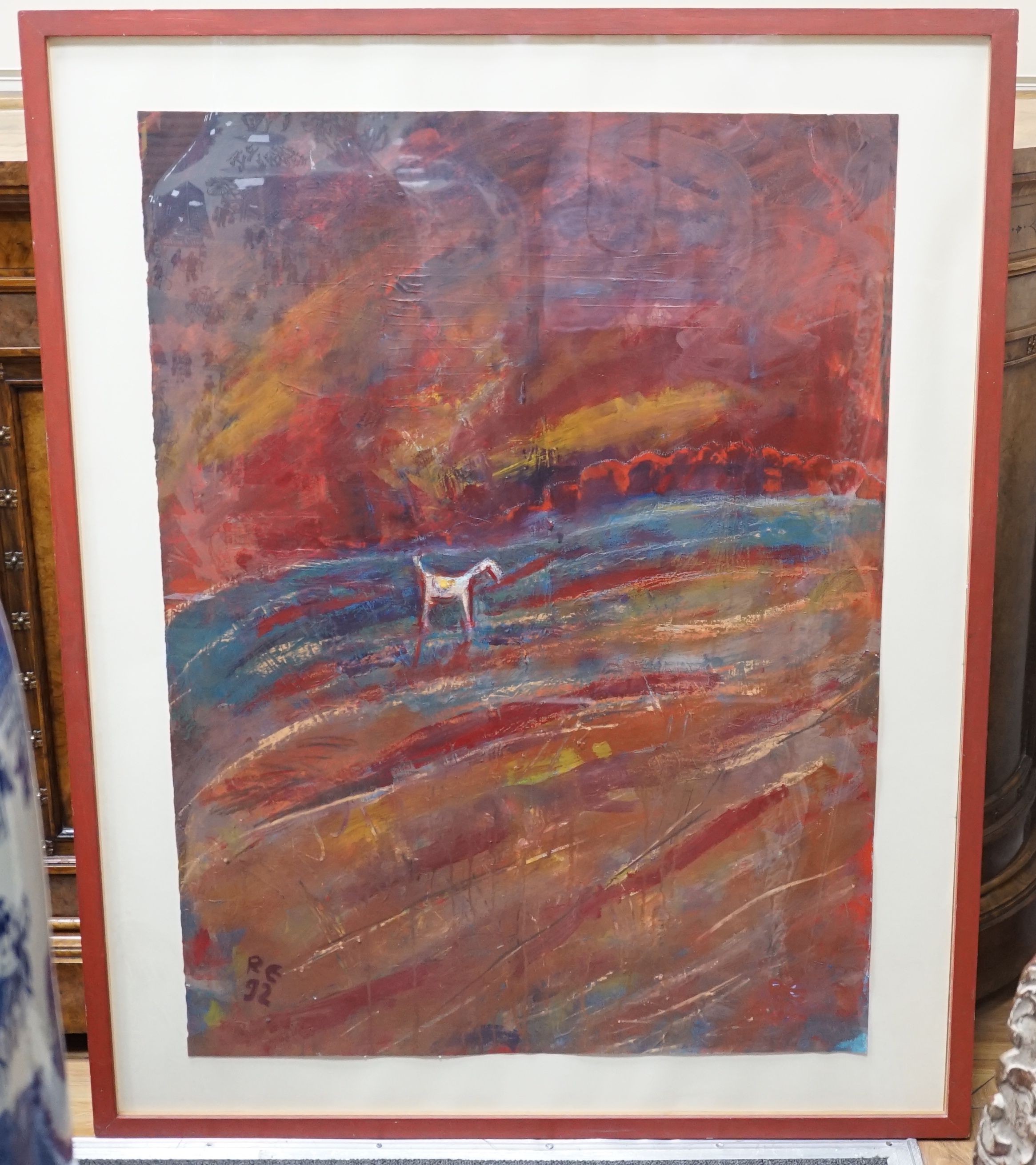 Richard Elliot, oil on paper, abstract horse in a landscape, signed and dated 92, image 89 cm x 65.5 cm